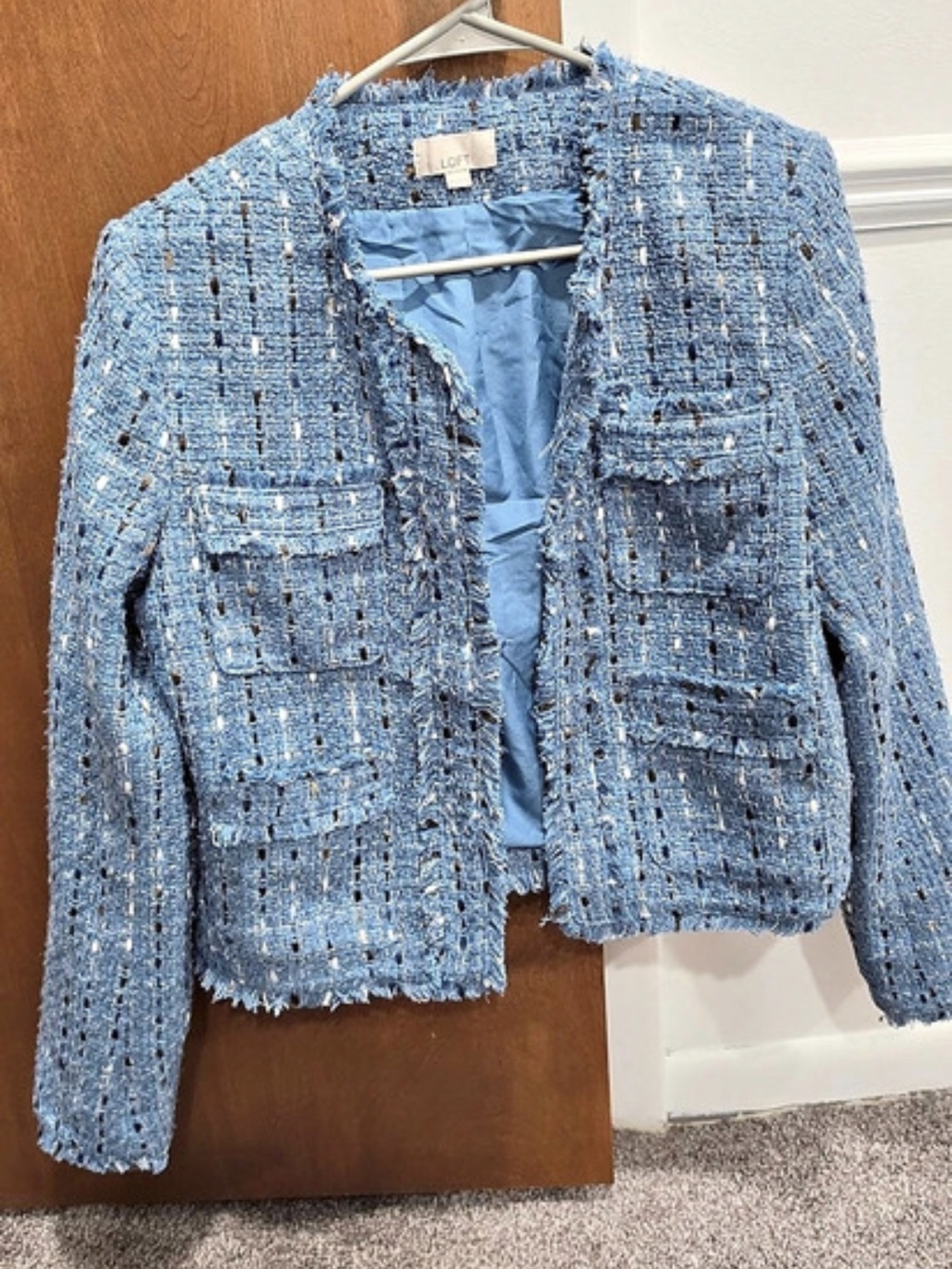 LOFT Denim Tweed Jacket Textured Fringe Blue Medium